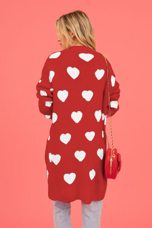 Heart Graphic Open Front Cardigan with Pockets - MegaSuperStar