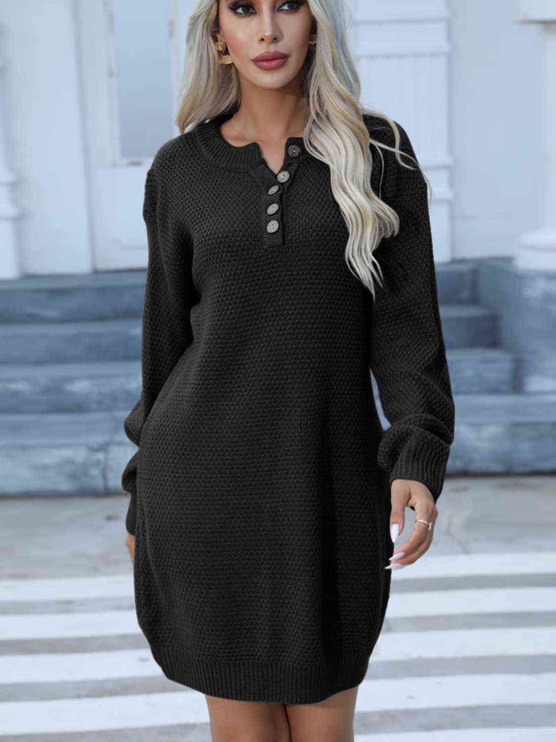 Buttoned Round Neck Long Sleeve Sweater Dress