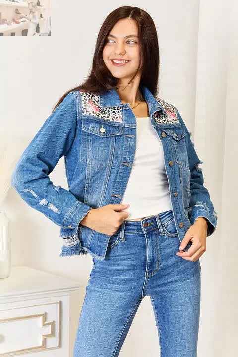 Baeful Leopard Floral Distressed Denim Jacket with Raw Hem - MegaSuperStar