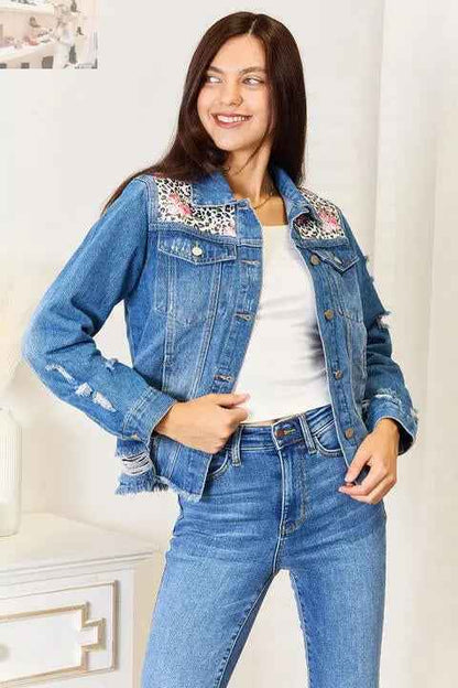 Baeful Leopard Floral Distressed Denim Jacket with Raw Hem - MegaSuperStar