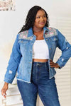 ✨ Baeful Leopard Floral Distressed Denim Jacket with Raw Hem ✨ thumbnail