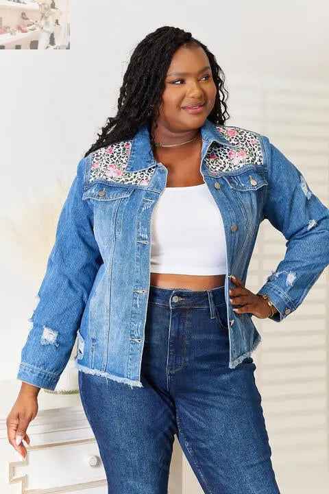 Baeful Leopard Floral Distressed Denim Jacket with Raw Hem - MegaSuperStar