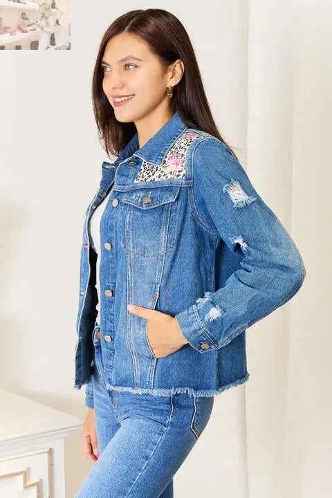 Baeful Leopard Floral Distressed Denim Jacket with Raw Hem - MegaSuperStar
