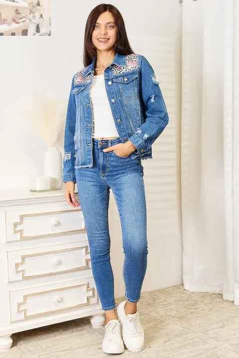 Baeful Leopard Floral Distressed Denim Jacket with Raw Hem - MegaSuperStar