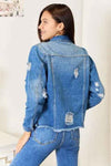✨ Baeful Leopard Floral Distressed Denim Jacket with Raw Hem ✨ thumbnail