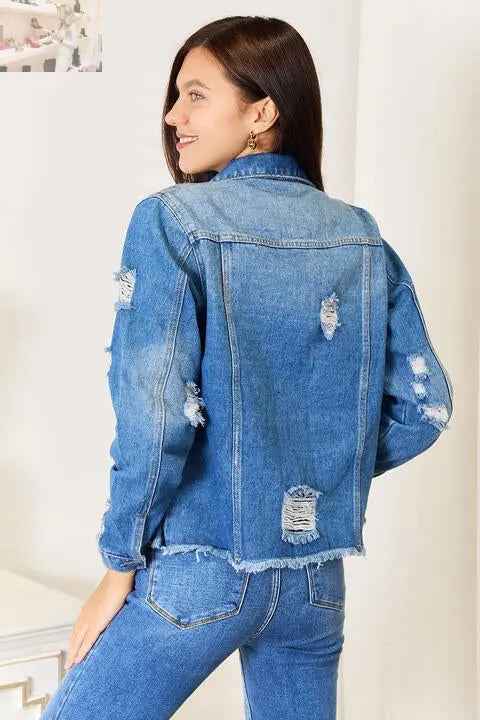 Baeful Leopard Floral Distressed Denim Jacket with Raw Hem - MegaSuperStar