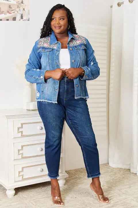 Baeful Leopard Floral Distressed Denim Jacket with Raw Hem - MegaSuperStar