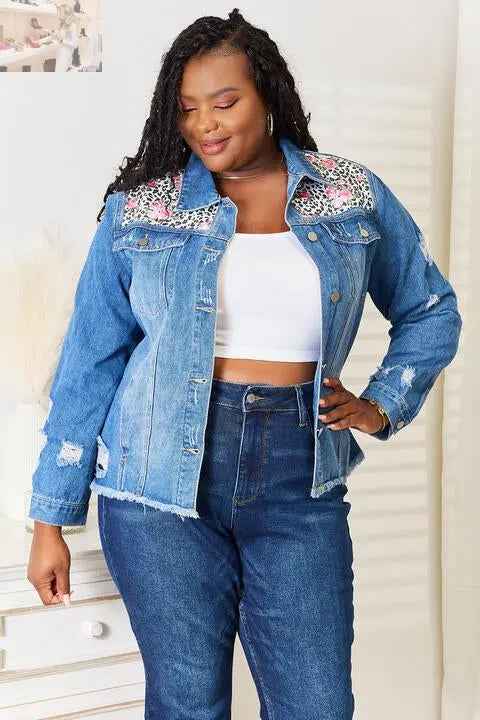 Baeful Leopard Floral Distressed Denim Jacket with Raw Hem - MegaSuperStar