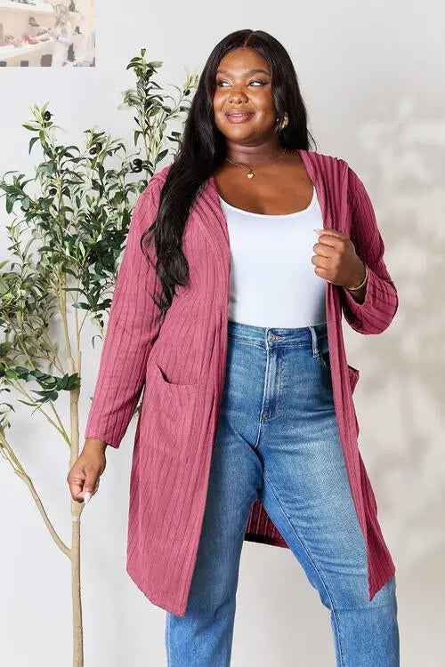 Basic Bae Ribbed Open Front Cardigan Long Sleeve - Full Size Fashion Essential - MegaSuperStar