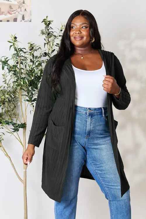 Basic Bae Ribbed Open Front Cardigan Long Sleeve - Full Size Fashion Essential - MegaSuperStar