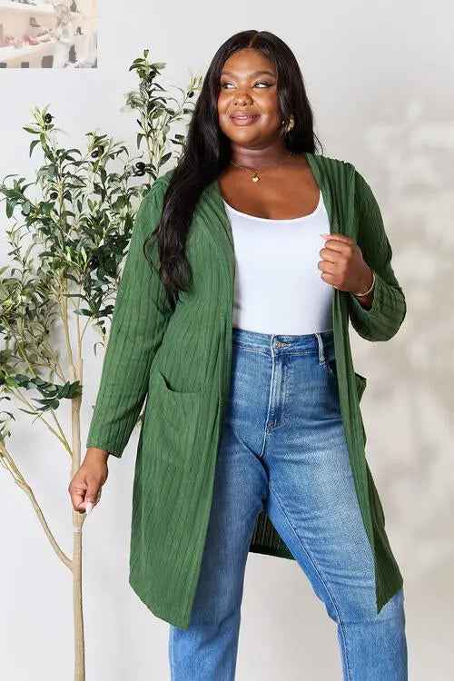 Basic Bae Ribbed Open Front Cardigan Long Sleeve - Full Size Fashion Essential - MegaSuperStar