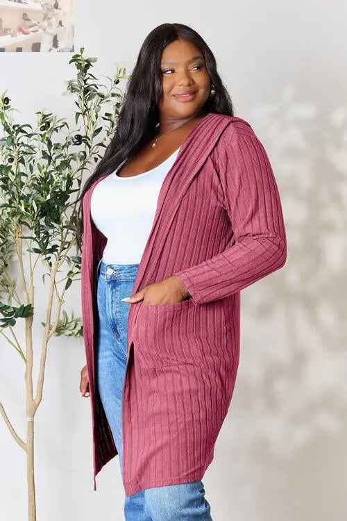 Basic Bae Ribbed Open Front Cardigan Long Sleeve - Full Size Fashion Essential - MegaSuperStar