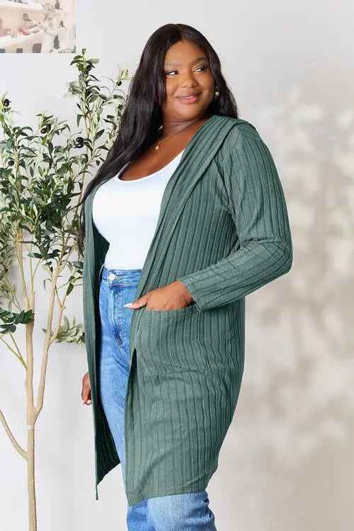 Basic Bae Ribbed Open Front Cardigan Long Sleeve - Full Size Fashion Essential - MegaSuperStar