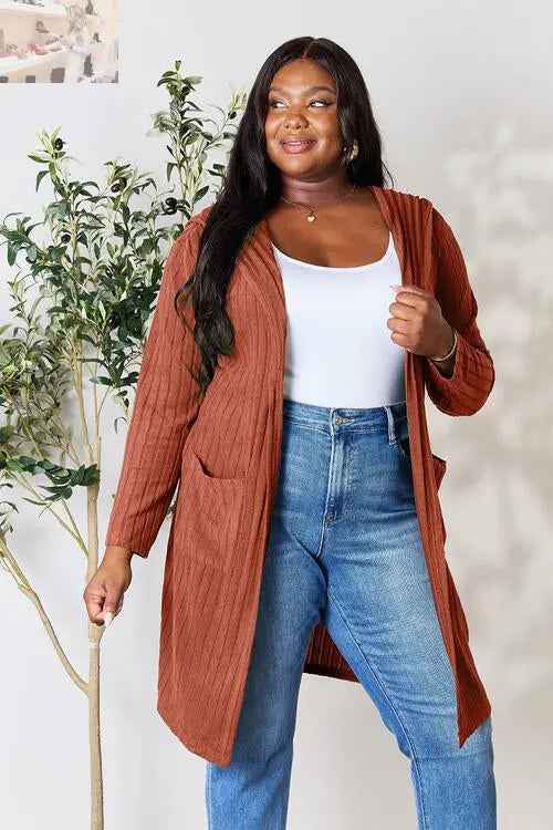 Basic Bae Ribbed Open Front Cardigan Long Sleeve - Full Size Fashion Essential - MegaSuperStar