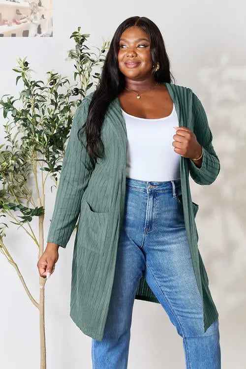 Basic Bae Ribbed Open Front Cardigan Long Sleeve - Full Size Fashion Essential - MegaSuperStar