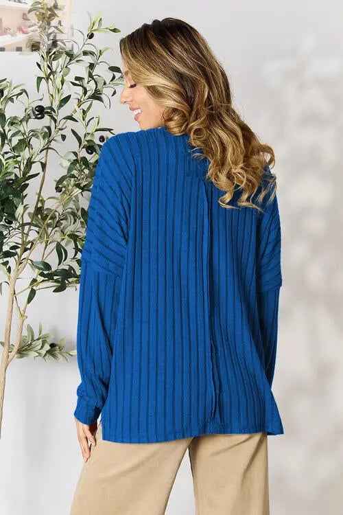 Basic Bae Ribbed Round Neck T-Shirt with Slit - Full Size - MegaSuperStar