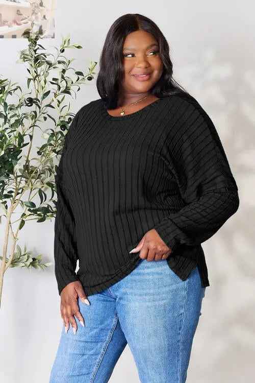 Basic Bae Ribbed Round Neck T-Shirt with Slit - Full Size - MegaSuperStar