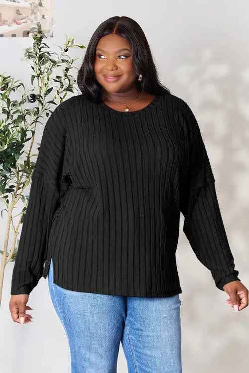 Basic Bae Ribbed Round Neck T-Shirt with Slit - Full Size - MegaSuperStar