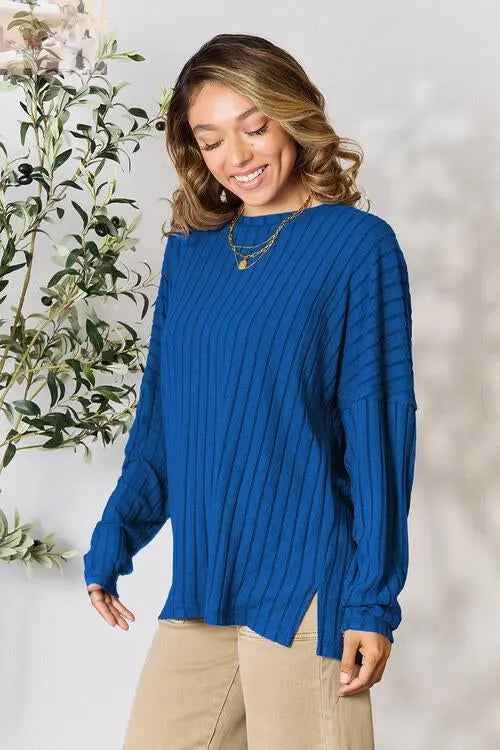 Basic Bae Ribbed Round Neck T-Shirt with Slit - Full Size - MegaSuperStar