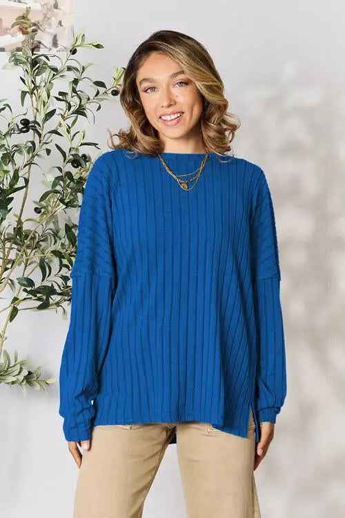 Basic Bae Ribbed Round Neck T-Shirt with Slit - Full Size - MegaSuperStar