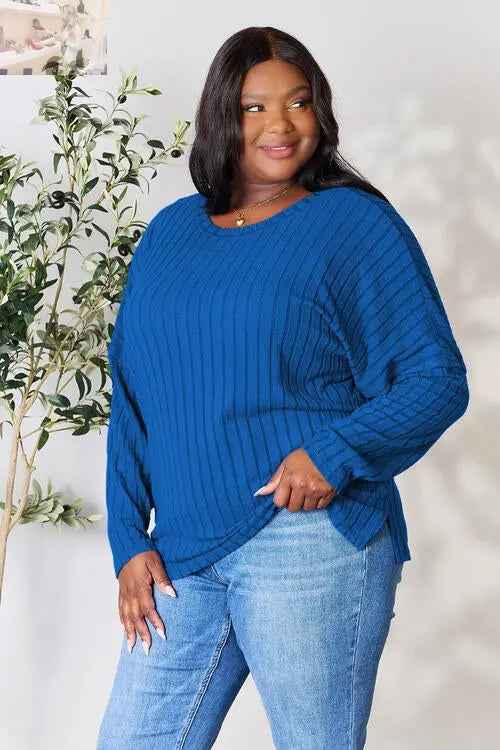 Basic Bae Ribbed Round Neck T-Shirt with Slit - Full Size - MegaSuperStar