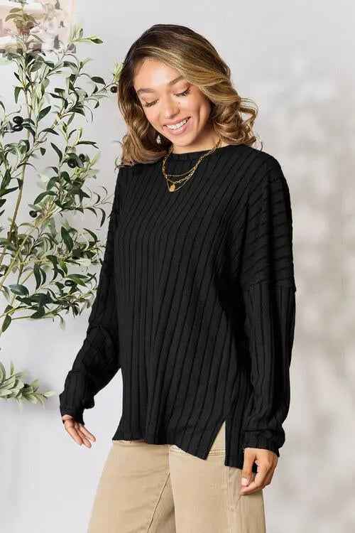Basic Bae Ribbed Round Neck T-Shirt with Slit - Full Size - MegaSuperStar