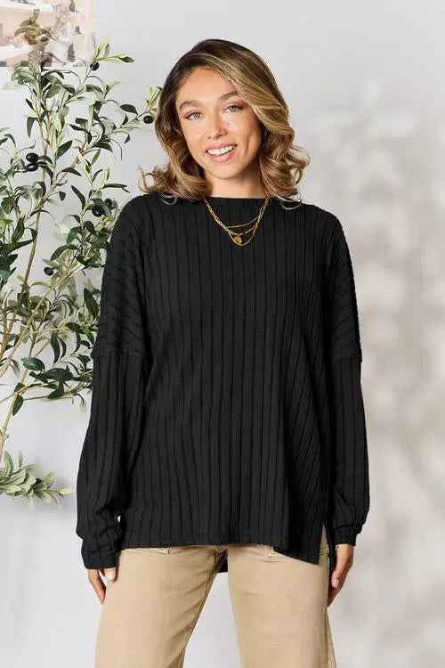 Basic Bae Ribbed Round Neck T-Shirt with Slit - Full Size - MegaSuperStar