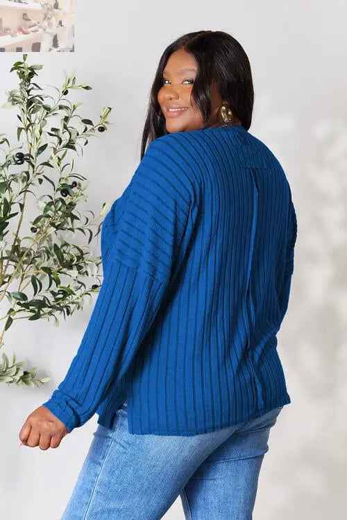 Basic Bae Ribbed Round Neck T-Shirt with Slit - Full Size - MegaSuperStar