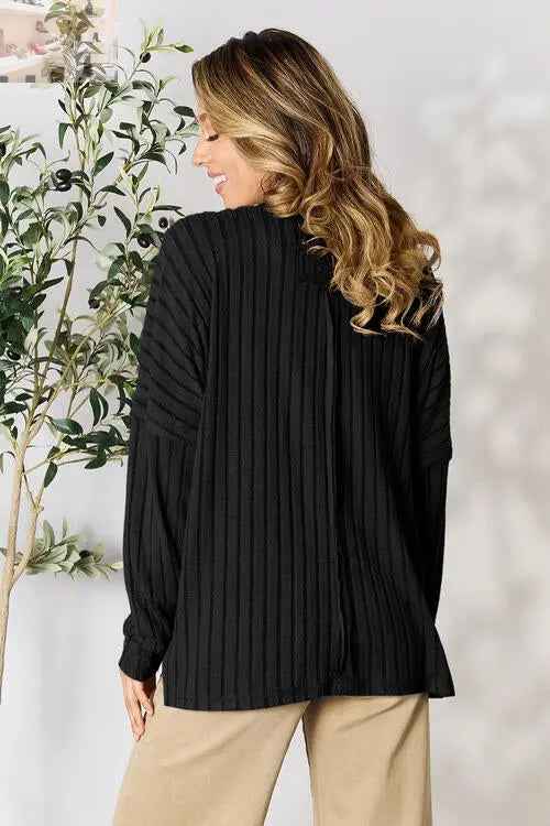 Basic Bae Ribbed Round Neck T-Shirt with Slit - Full Size - MegaSuperStar