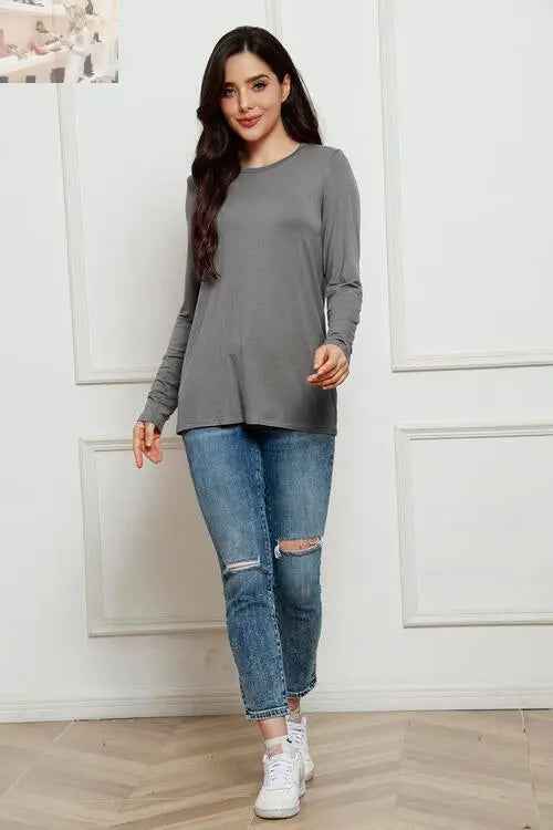 Basic Long Sleeve Top - Basic Bae Full Size Round Neck Long Sleeve Top - MegaSuperStar
