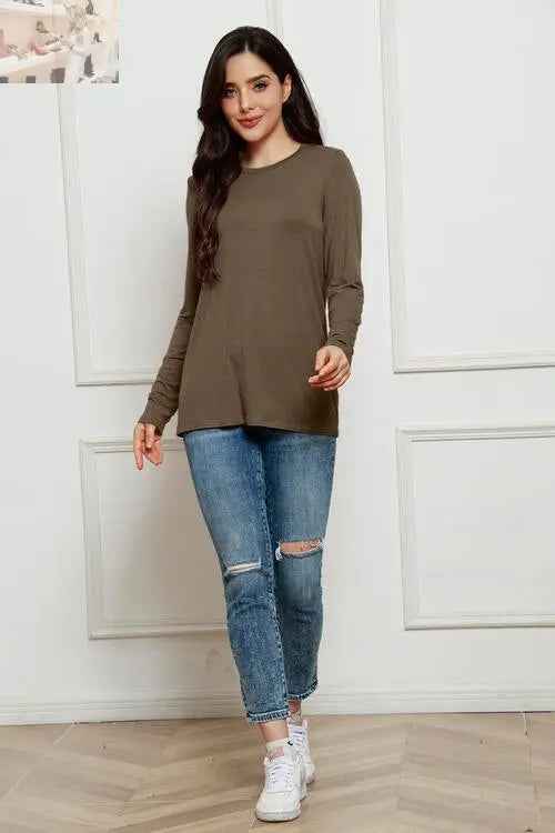 Basic Long Sleeve Top - Basic Bae Full Size Round Neck Long Sleeve Top - MegaSuperStar