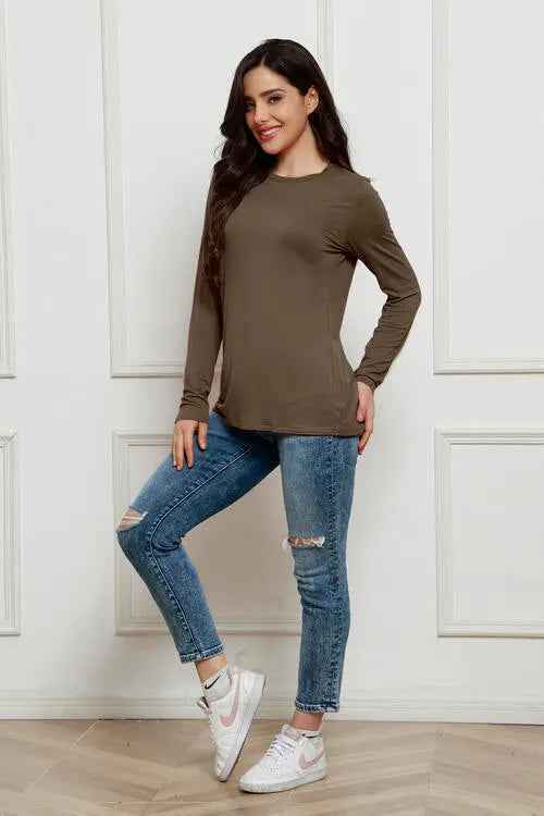 Basic Long Sleeve Top - Basic Bae Full Size Round Neck Long Sleeve Top - MegaSuperStar