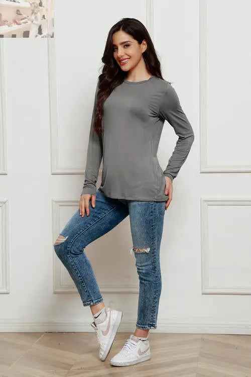 Basic Long Sleeve Top - Basic Bae Full Size Round Neck Long Sleeve Top - MegaSuperStar