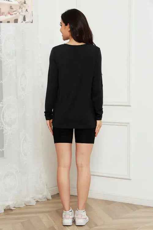 Basic V - Neck Long Sleeve Top for Effortless Everyday Style - MegaSuperStar