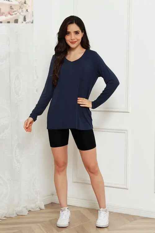 Basic V - Neck Long Sleeve Top for Effortless Everyday Style - MegaSuperStar