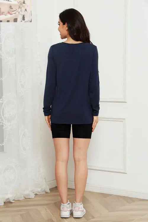 Basic V - Neck Long Sleeve Top for Effortless Everyday Style - MegaSuperStar