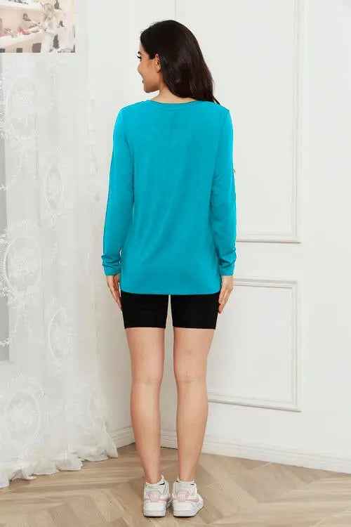 Basic V - Neck Long Sleeve Top for Effortless Everyday Style - MegaSuperStar