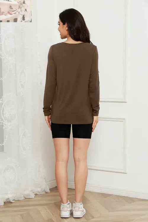 Basic V - Neck Long Sleeve Top for Effortless Everyday Style - MegaSuperStar