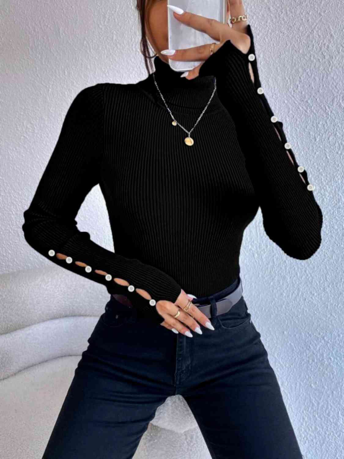 Cutout Turtleneck Rib-Knit Top