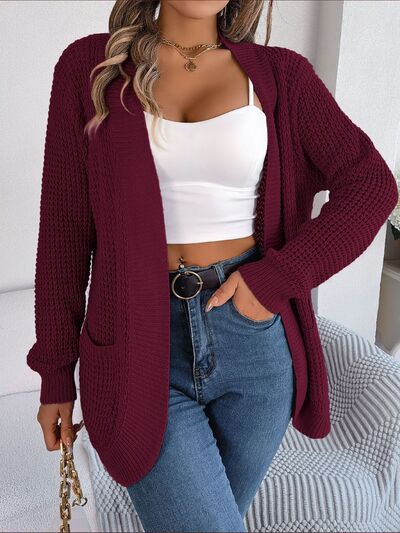 Open Front Long Sleeve Cardigan with Pockets - MegaSuperStar