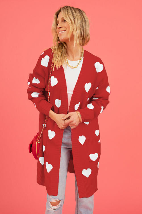 Heart Graphic Open Front Cardigan with Pockets - MegaSuperStar