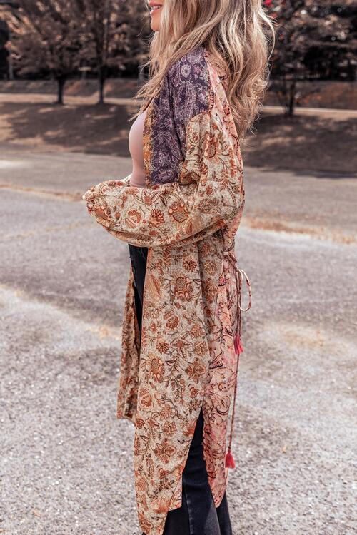 Floral Tassel Tied Open Front Long Sleeve Cardigan - MegaSuperStar