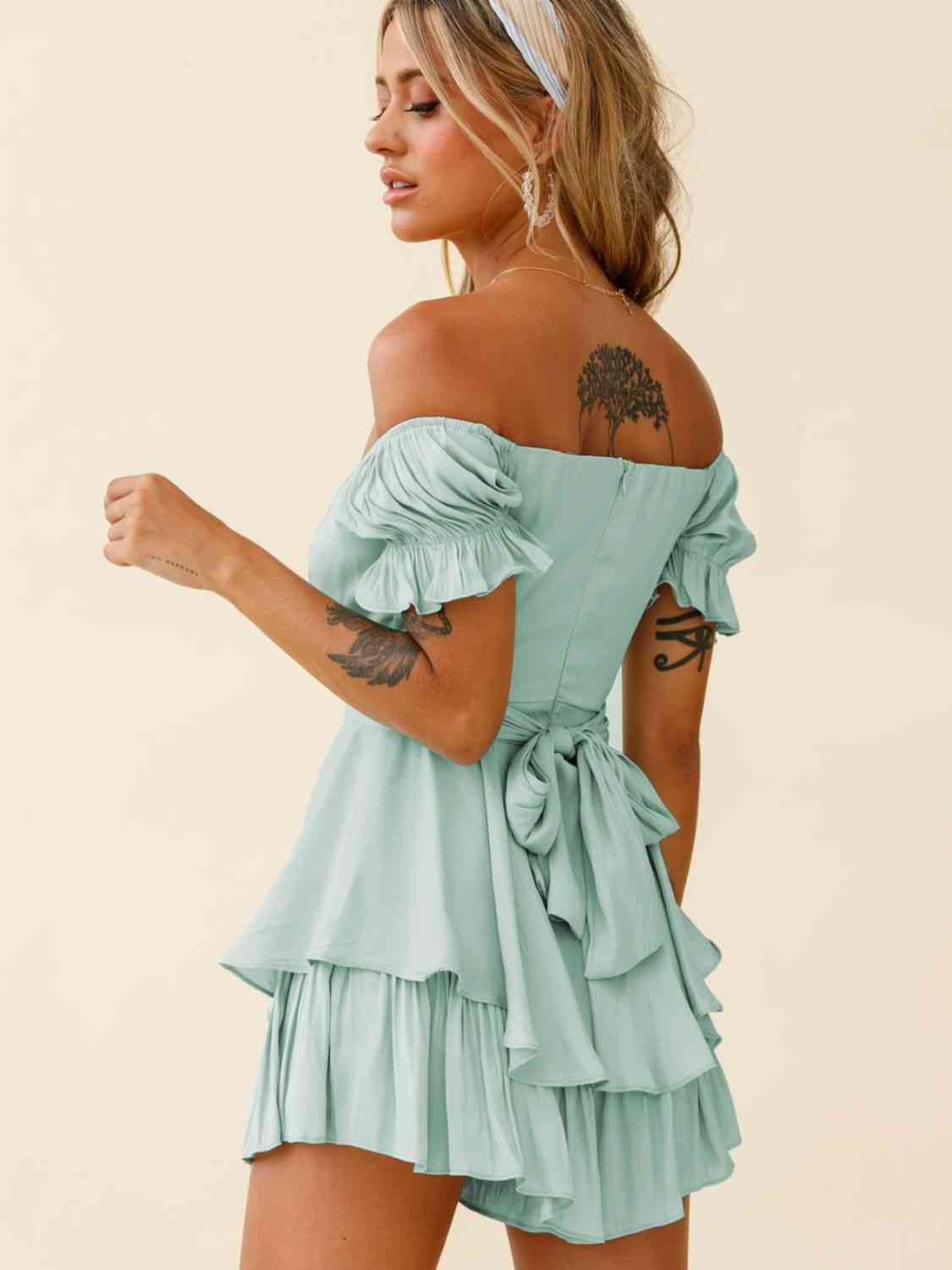 Off Shoulder Flounce Sleeve Romper