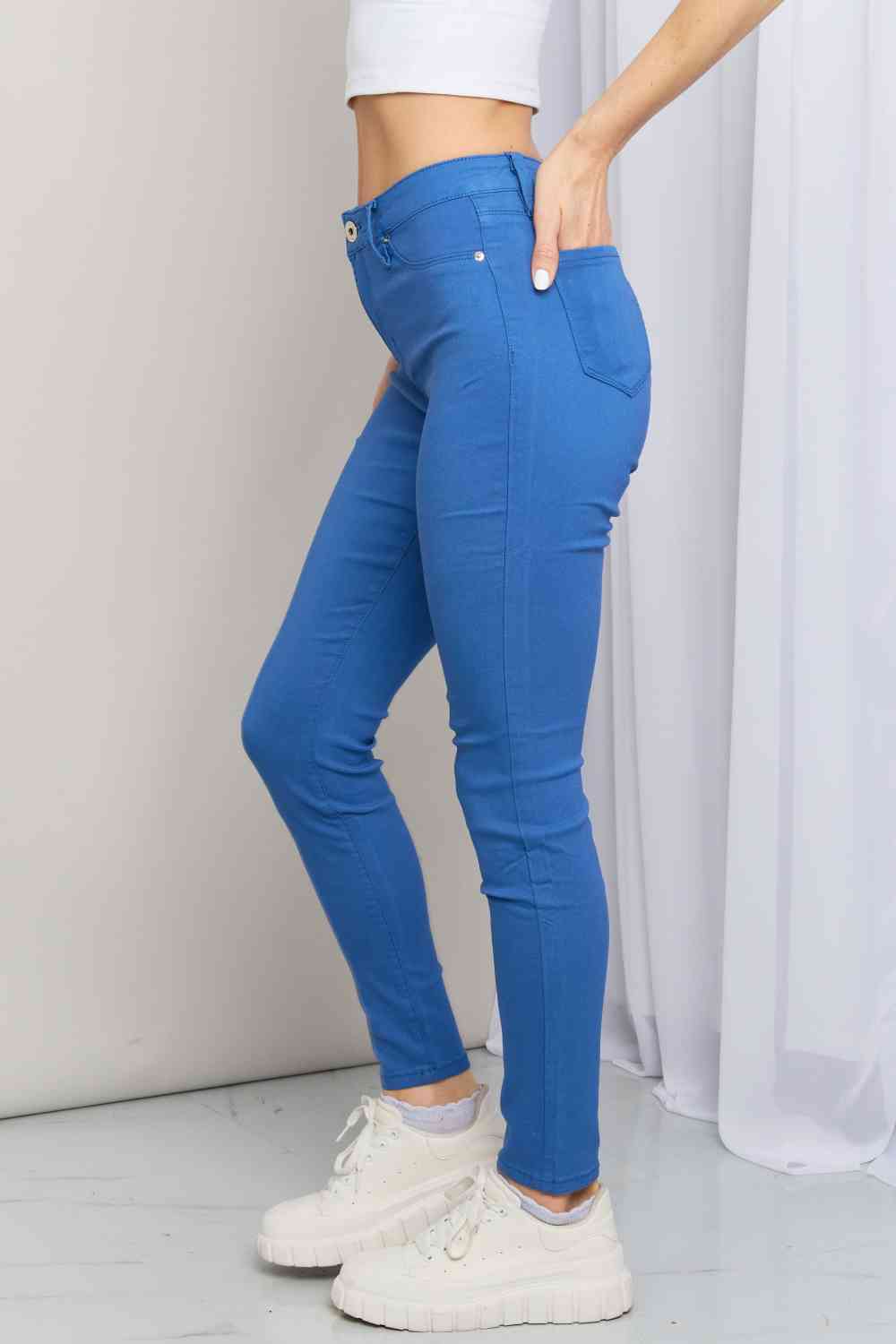 YMI Jeanswear Kate Hyper-Stretch Full Size Mid-Rise Skinny Jeans in Electric Blue - MegaSuperStar