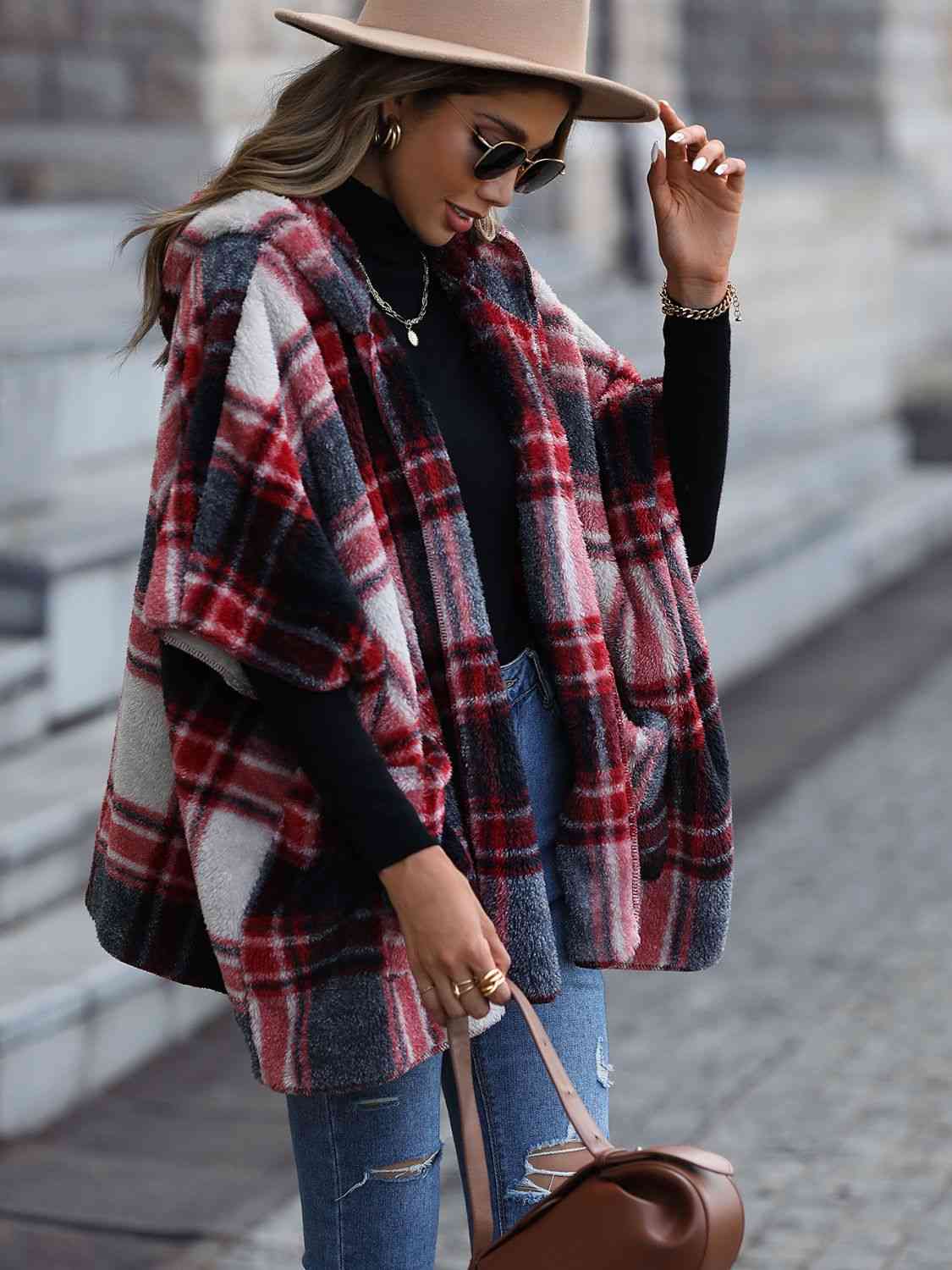 Plaid Hooded Coat with Pockets