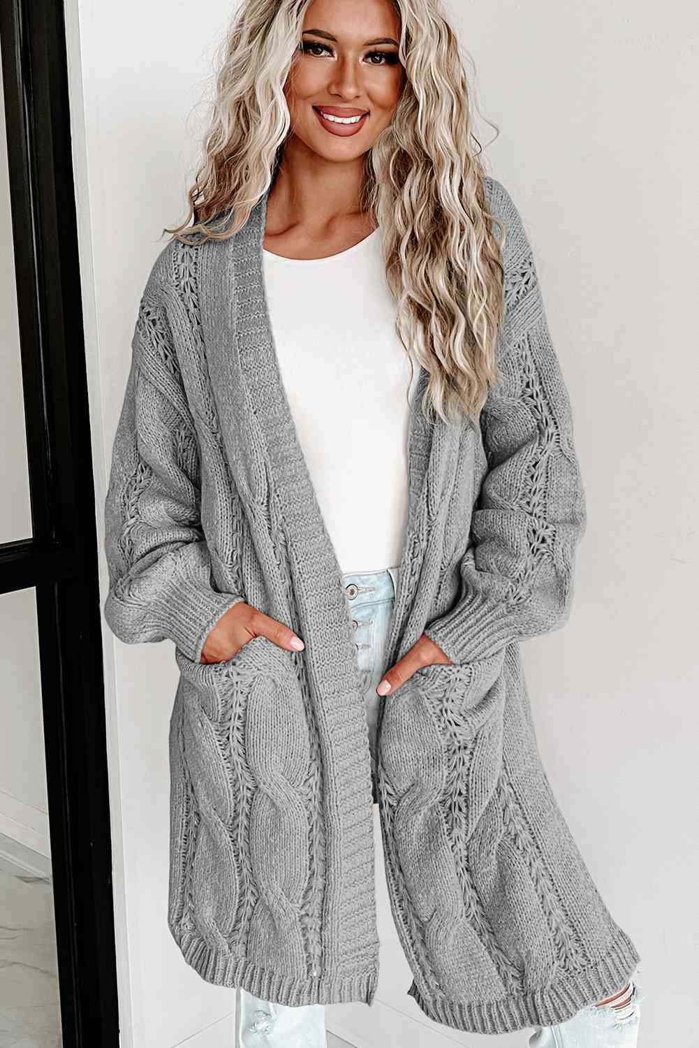 Cable-Knit Dropped Shoulder Cardigan - MegaSuperStar