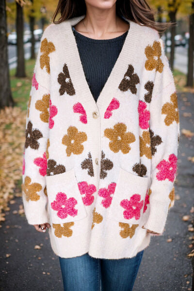 Flower Pattern Button Up Cardigan with Pockets