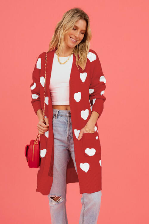 Heart Graphic Open Front Cardigan with Pockets - MegaSuperStar