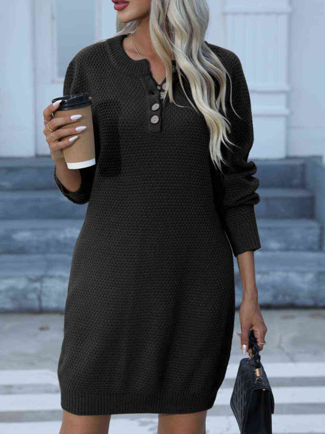 Buttoned Round Neck Long Sleeve Sweater Dress