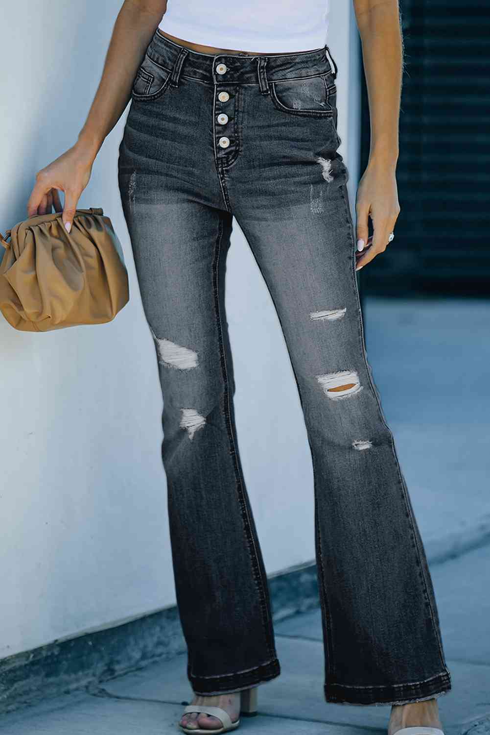 Distressed Button-Fly Flare Jeans - MegaSuperStar